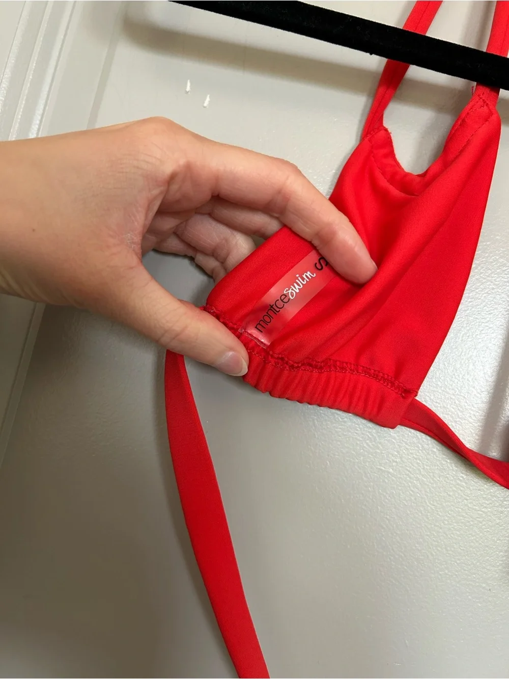 Montce Swim Red Tie-String V Notch Bikini Top and Low Rise Bottoms Set